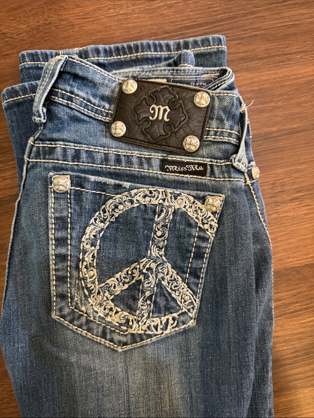 Miss Me Blue Bootcut Jeans with Embroidered Peace Pocket